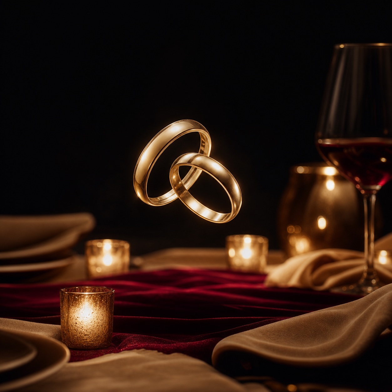 Alianças sobre uma mesa iluminada por velas
